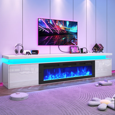 Meuble télé flottant avec foyer, meuble télé avec foyer à DEL ultrabrillant pour téléviseur de 70/75/80 po, meuble télé moderne pour salon