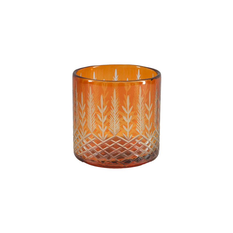 Serene Spaces Living 4" Orange Palm Etched Glass Hurricane – Dual-Purpose Design, Elegant Artisanal Craftsmanship, Candle Holder, Flower Arrangment, Floral Vase, Table Centerpiece