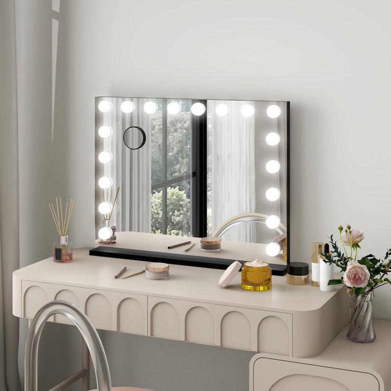 Makeup Mirror with 3 Color Lights, 80×63cm Large Lighted Vanity Mirror with 18 Dimmable LED Bulbs, Black