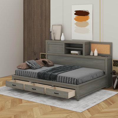 Full Size Wooden Daybed With 3 Storage Drawers, Upper Soft Board, Shelf, And USB Ports