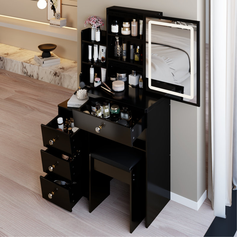 Meuble-lavabo de 29,2 po de gauche avec tabouret rembourré, système de miroir tricolore à luminosité réglable, rangement élevé pour les petits, conception américaine, capacité de contrôle tactile noire