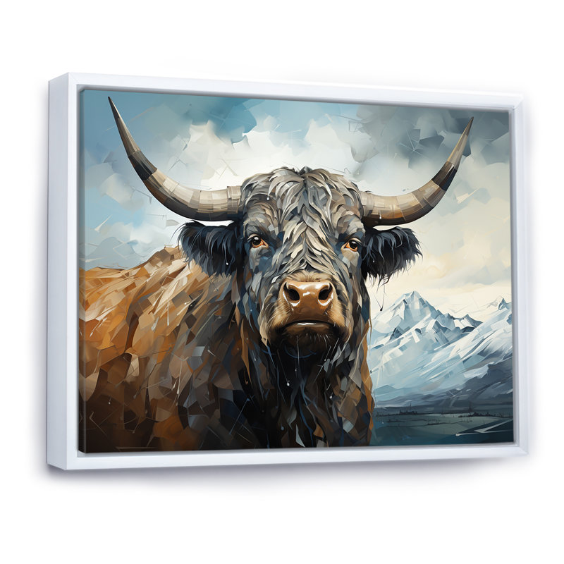 «Blue and Gray Yak», reproduction de peinture sur toile I, Cadre flottant blanc, H 16 po x l 32 po x P 1 po