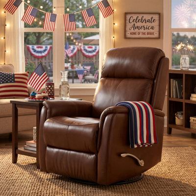 33" Wide Genuine Leather 360° Swivel Rocker Manual Recliner with Wingback and Flared Arms Design