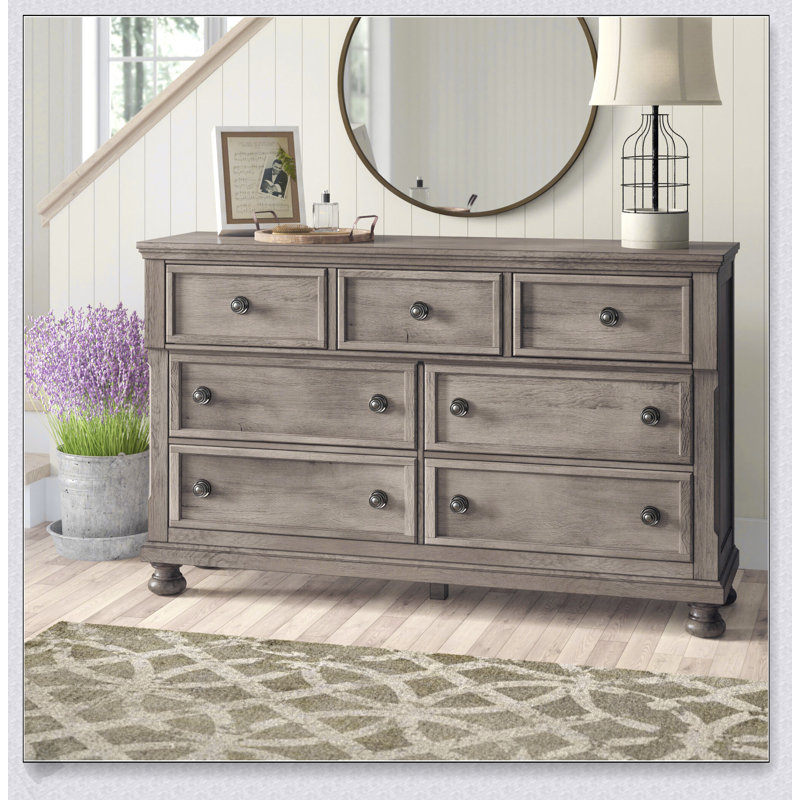 Commode classique à 7 tiroirs avec plateau à bijoux, design traditionnel au fini gris, parfaite pour le rangement dans la chambre à coucher et l'élégance