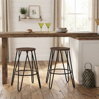 Industrial 24" Solid Elm Wood Bar Stool, Round Counter Height Stool with Black Iron Hairpin Legs for Kitchen & Home Bar, Cocoa Brown