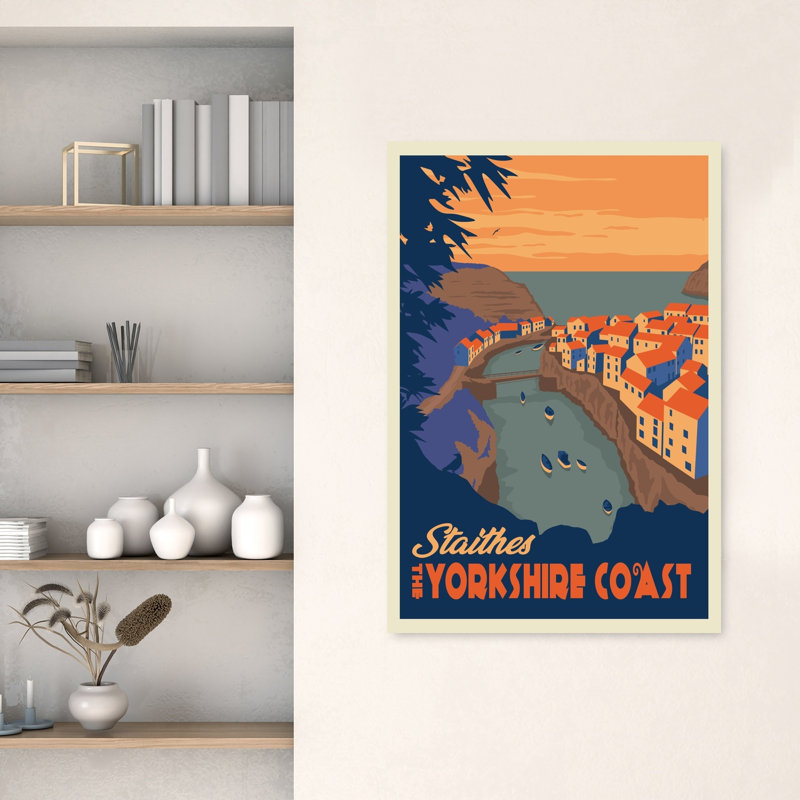 Staithes, Yorkshire, vue côtière, affiche murale abstraite rétro vintage représentant un paysage côtier, H 48 po x l 32 po