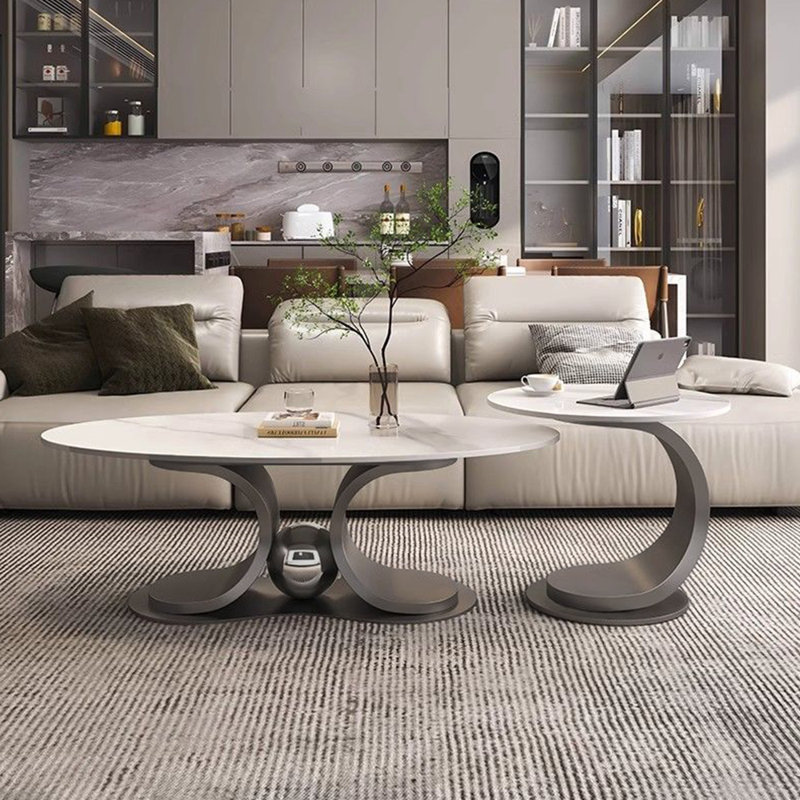 Ensemble de tables basses de luxe de style italien, H 15,7 po x L 51,2 po x l 27,6 po, Blanc, Gris