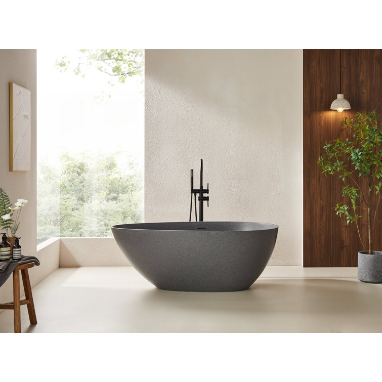 Freestanding Soaking Stone Resin Bathtub with Polished Chrome Overflow and Pop Up Drain