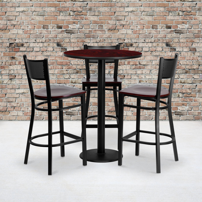 Lomonaco 30'' Round Laminate Table Set with 3 Grid Back Metal Barstools