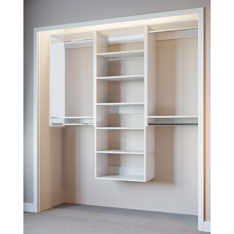 White Modular Closet System with Shelves and Hanging Rods