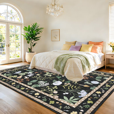 8x10 Washable Floral Area Rug, Non-Slip Low Pile Rug, Stain Resistance Carpet for Living Room, Bedroom, Dining Room, Black