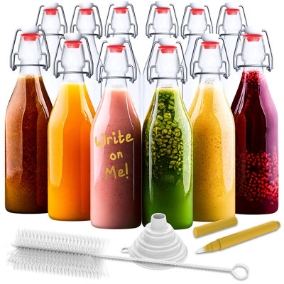  17 oz Round Swing Top Glass Bottles (Pack of 12) | Includes Funnel, Brush and Marker