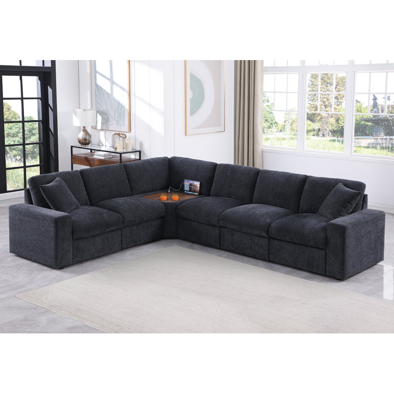 Canapé modulaire de coin Dessire avec table porte-gobelet et port USB, Gris chenille