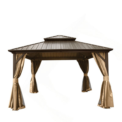 Pavillon de jardin à toit rigide, pavillon en métal et aluminium avec double toit en acier galvanisé, rideau et filet, pavillon de pavillon permanent pour les fêtes, les mariages, les repas en plein air, brun