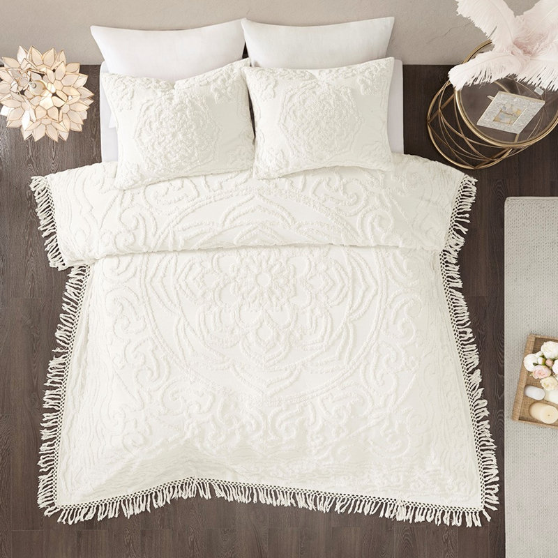 Couvre-lit à médaillon en coton chenille, Très grand / très grand édredon + 2 taies déco, Blanc cassé