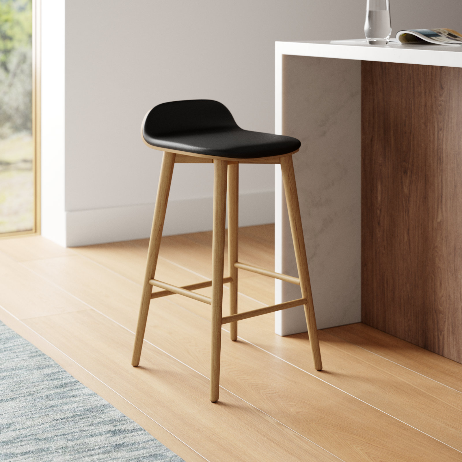 26" Genuine Leather Bar Stool, Oak