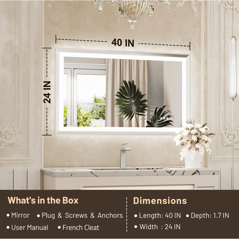 Miroir de salle de bain à DEL New Rockford, 40 po x 24 po, Argent, Rectangulaire