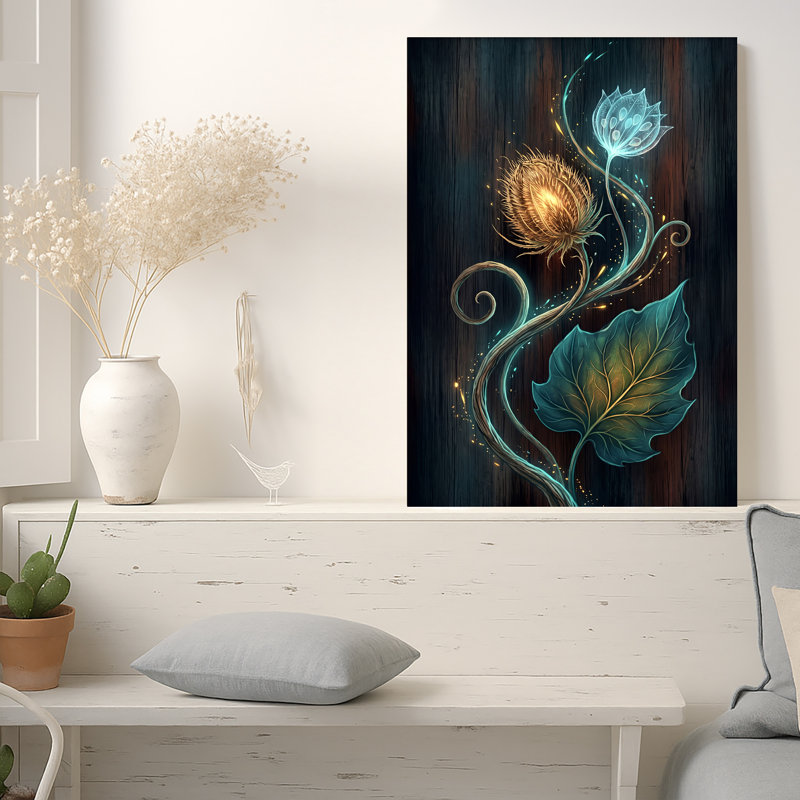 Art mural sur toile de chardon doré brillant et fleur bleue translucide, 48"H x 36"W