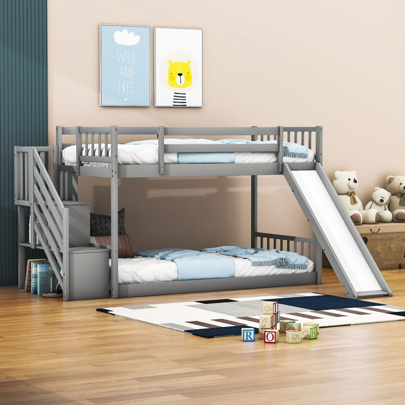 Lit superposé avec glissière convertible et escalier, Gris