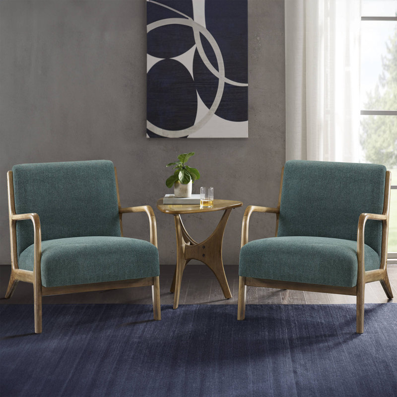 Novak Upholstered Mid-Century Armchair with Wood Arms and Frame, Teal Polyester Blend
