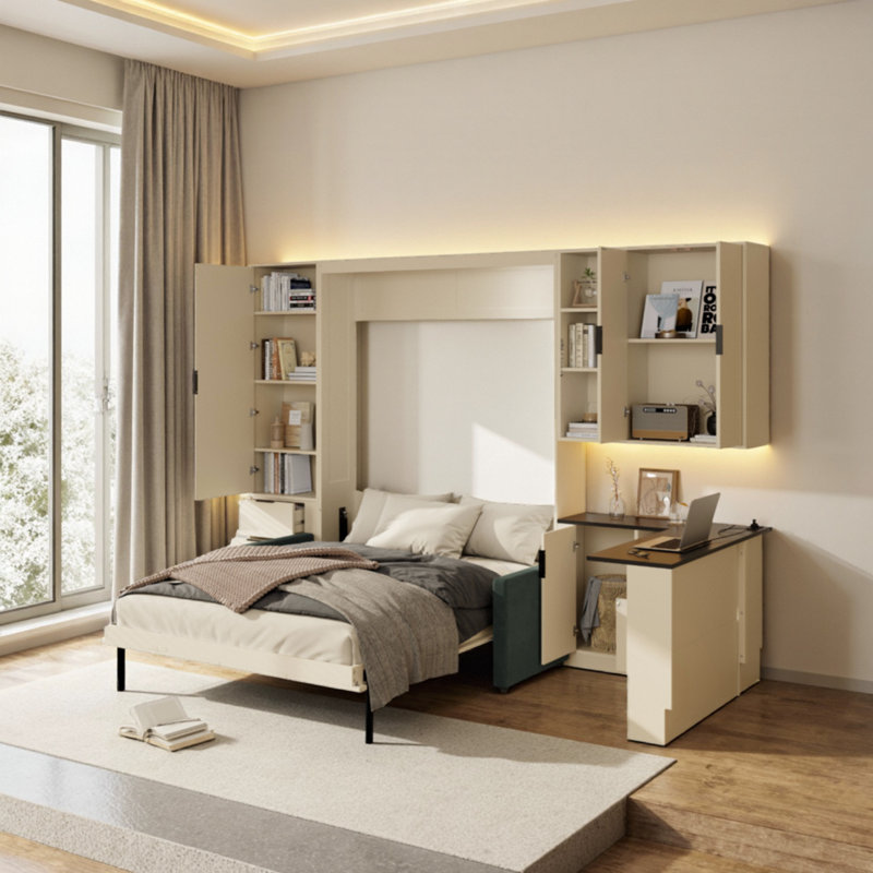 Grand lit escamotable avec rangement et canapé, Beige