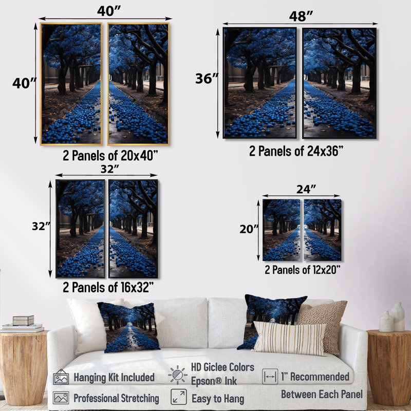 Arbre symétrique monochrome jaune et gris - art mural bleu, Black, 36" H x 48" W, Impression encadrée flottante