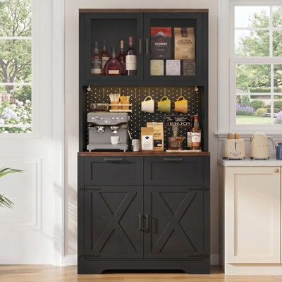 71" Pantry Cabinet with Outlet, Tall Kitchen Pantry Storage Cabinet with Microwave Stand