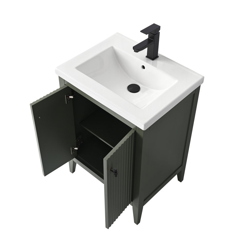 Single Bathroom Vanity with Ceramic Top, Linear Vintage Green, Matte Black, 24"