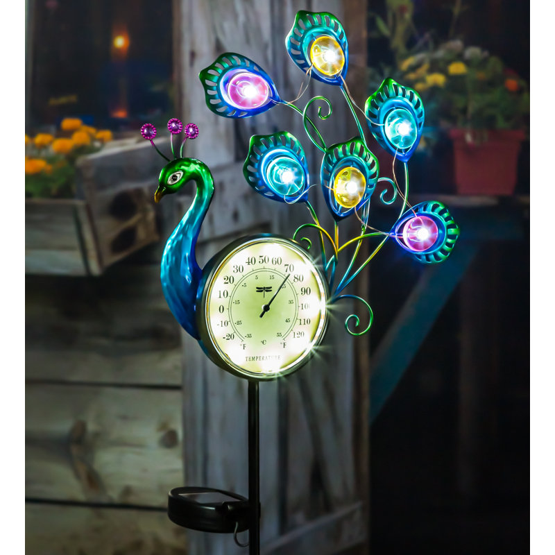Solar Peacock Thermometer Garden Stake