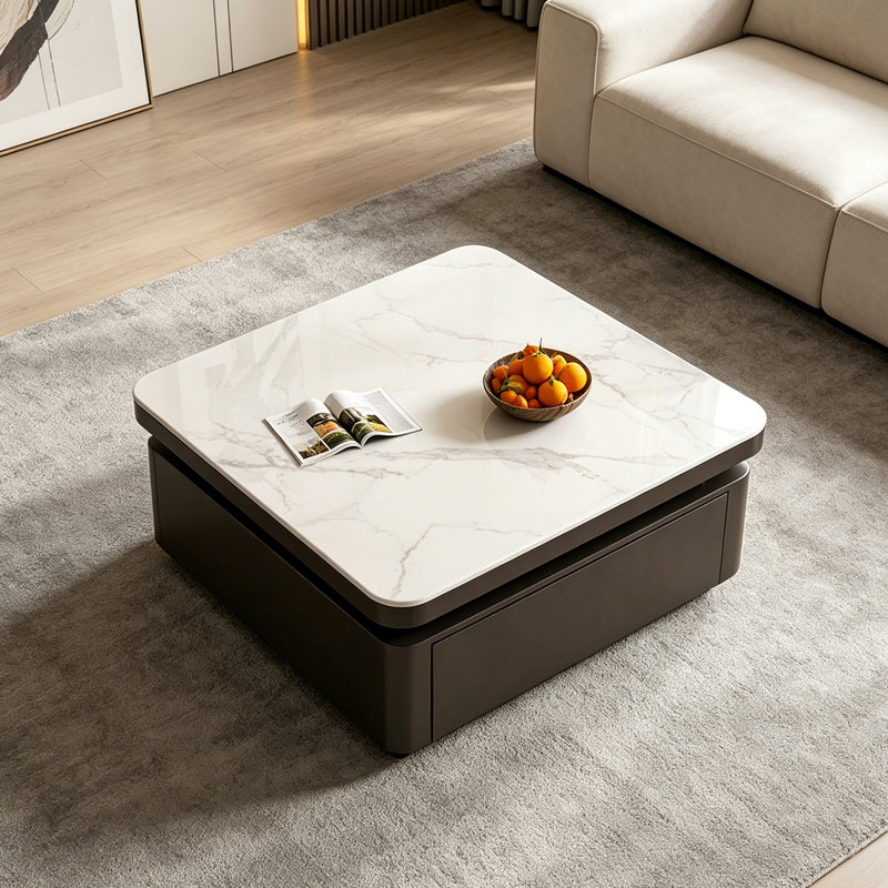 Table basse de luxe Italian Light, H 14,56 po x L 27,55 po x l 27,55 po, Blanc / Gris, Noir