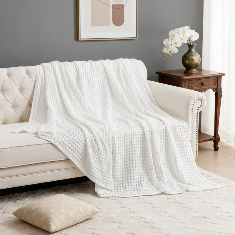 Jeté en bambou et coton à grandes gaufres, L 90 po x l 90 po, White