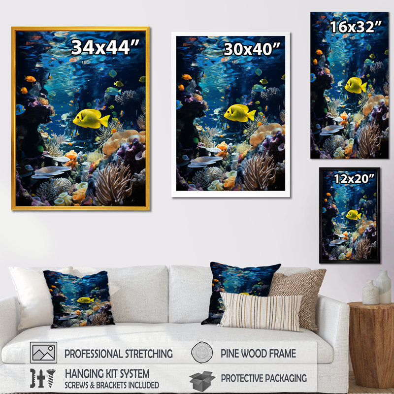 «Blue Butterfly Fish Marine Grace», art mural poisson papillon, Cadre flottant blanc, H 32 po x l 16 po x P 1 po