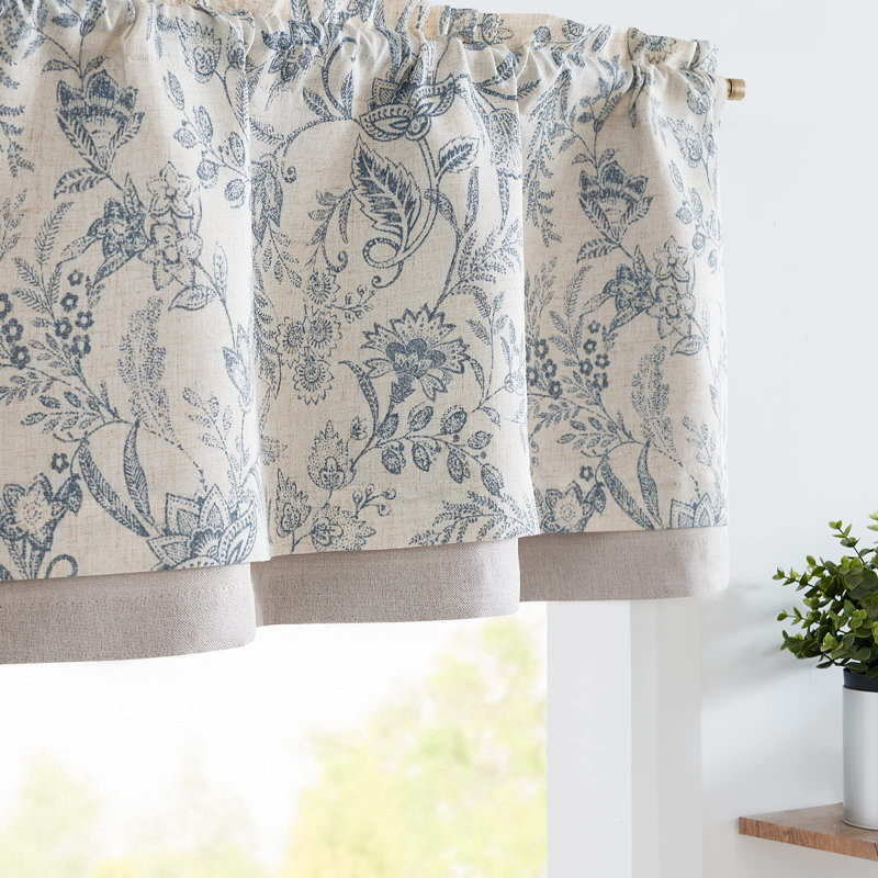 Cantonnière à doublure florale en lin, Bleu / Beige
