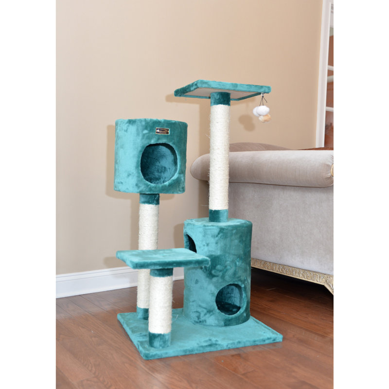 Dark Green Faux Fur and Sisal Cat Tree with Playhouses