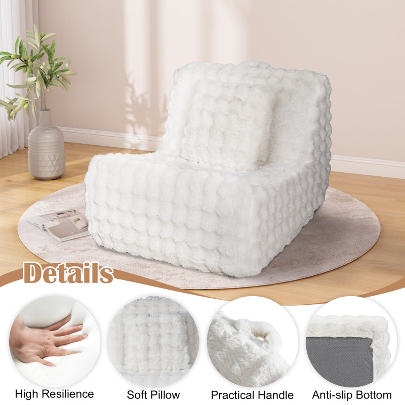 Bean Bag Chair With Memory Foam For Adults, Oversized Faux Fur Beanbag Chair With Soft Pillow For Living Room, Bedroom,Bubble White