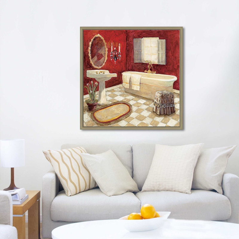 «Salon Rouge II» par Charlene Olson, H 31,5 po x l 31,5 po x P 2 po, Cadre flottant champagne