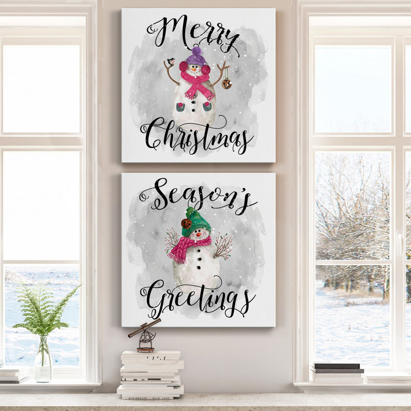 Bonhomme de neige «Merry Christmas» - ensemble de 2 reproductions sur toiles tendues, H 10 po x l 10 po x P 1 po