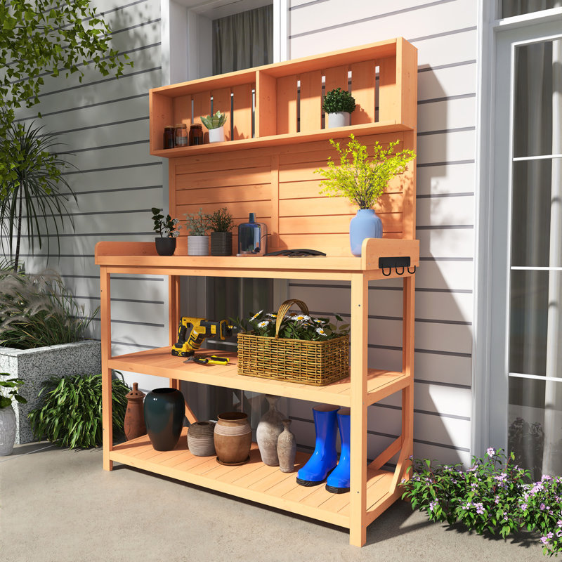 Table de rempotage en bois de sapin 65 "avec tablettes, Naturel