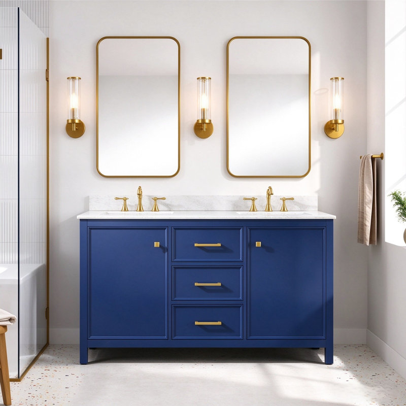 Malbon 60 " W Freestanding Standard Free Standing 1 Single Double Vanity Bathroom Vanity With Carrara Marble Top, Blue