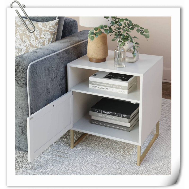 Rattan Side Bedside Table with Storage for Living Room or Bedroom, Blanc / doré, Individuel