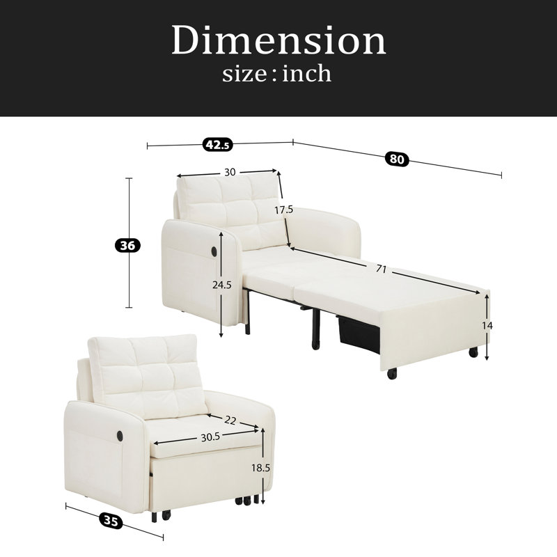 Canapé-lit 3 en 1, méridienne escamotable extra longue de 80 po avec charge USB, poches et boîte de rangement, conception capitonnée, canapé-lit simple en chenille multifonctionnel pour le salon et l’appartement