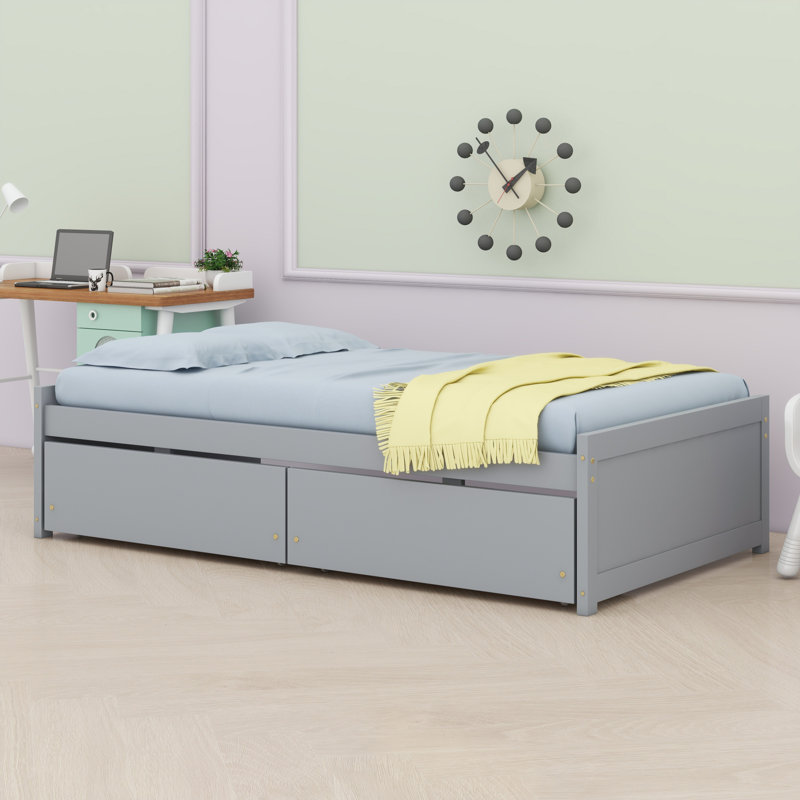 Charmant lit en bois rehaussé de deux tiroirs, Gris