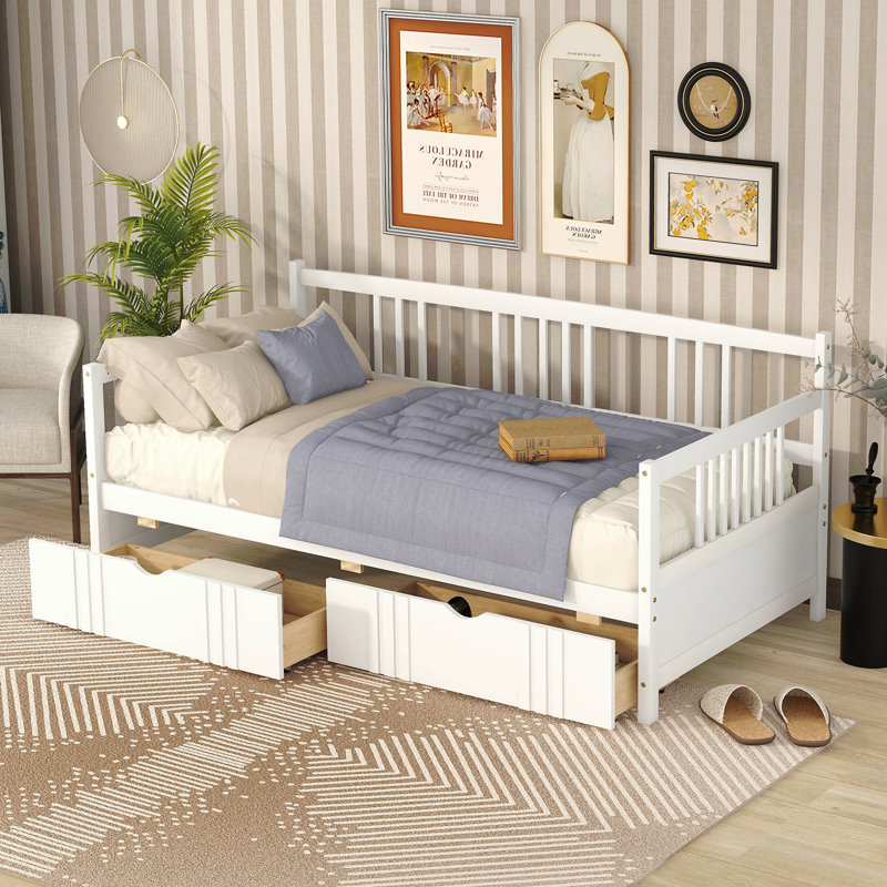Lit de jour simple en bois avec deux tiroirs, Blanc