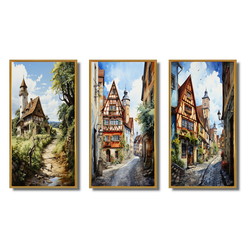 "Allemagne campagne" 3 pièces sur toile, Encadrement doré, H 40 po x l 60 po