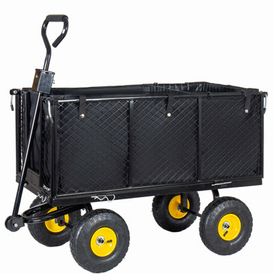 Chariot de jardin surdimensionné en acier 4 en 1 avec doublure amovible, plateau en filet, panneaux latéraux et roues tout-terrain pour un transport et un déversement sans effort.
