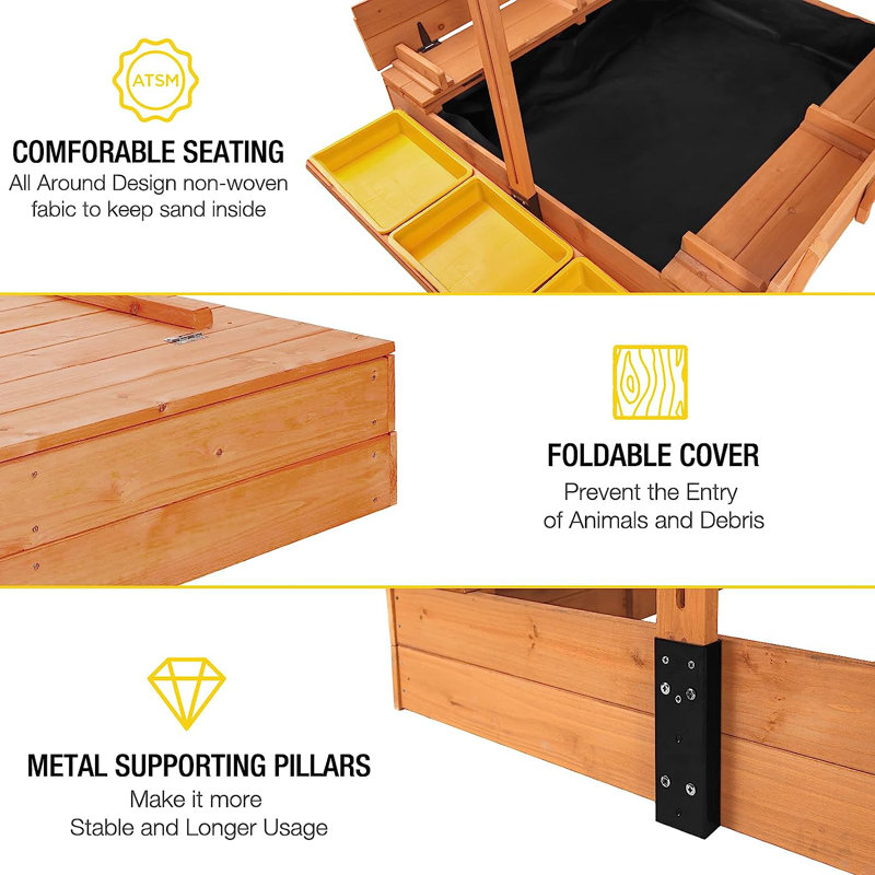 Large Wooden Sandbox with Adjustable Canopy and Toy Bin Storage