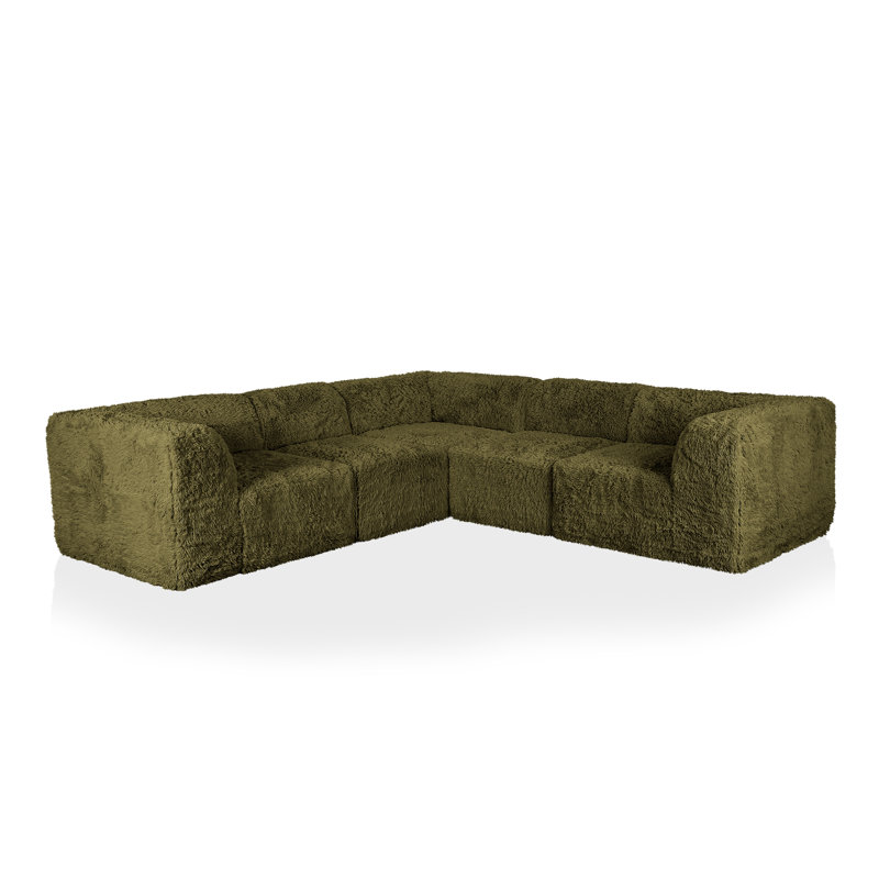 Dozie 5-Piece Faux Fur Foam Modular Compressed Sectional, Green