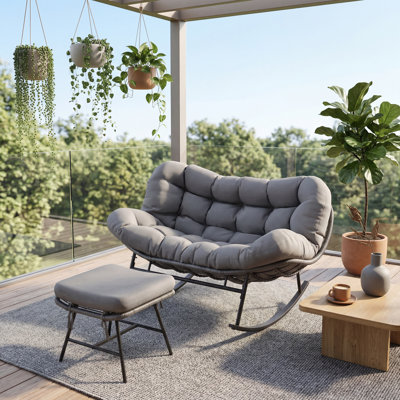Chaise d'extérieur Papasan avec repose-pieds, structure en osier surdimensionné en rotin, coussins épais pour le confort, sièges de salon résistants aux intempéries pour la terrasse, le balcon ou le jardin