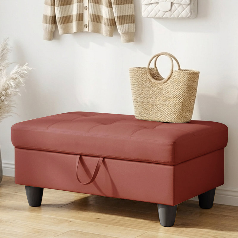 Rectangular Storage Ottoman Bench With Hinged Lid, Faux Leather Footrest For Living Room, Bedroom, Entryway, Red, 35"X23.5"X17.5"