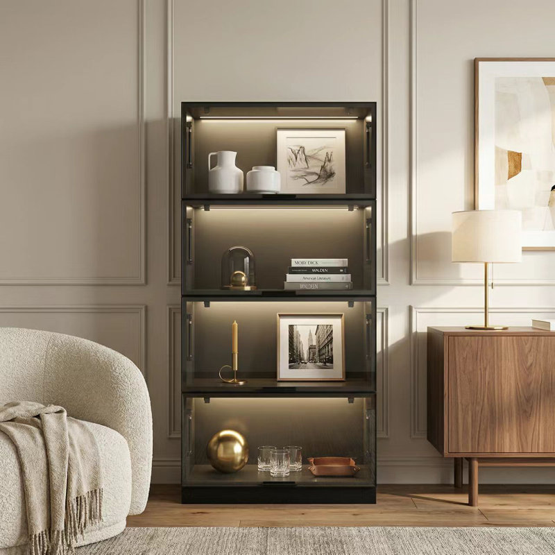 Vitrine de porte en verre 4 couches avec lumière DEL, Noir